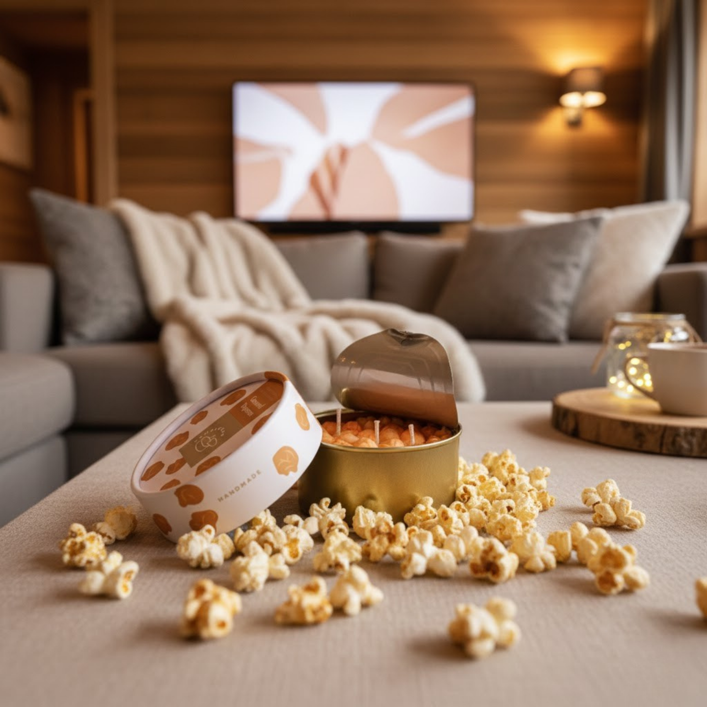 Bougie en forme de bol de pop-corn avec effet caramel