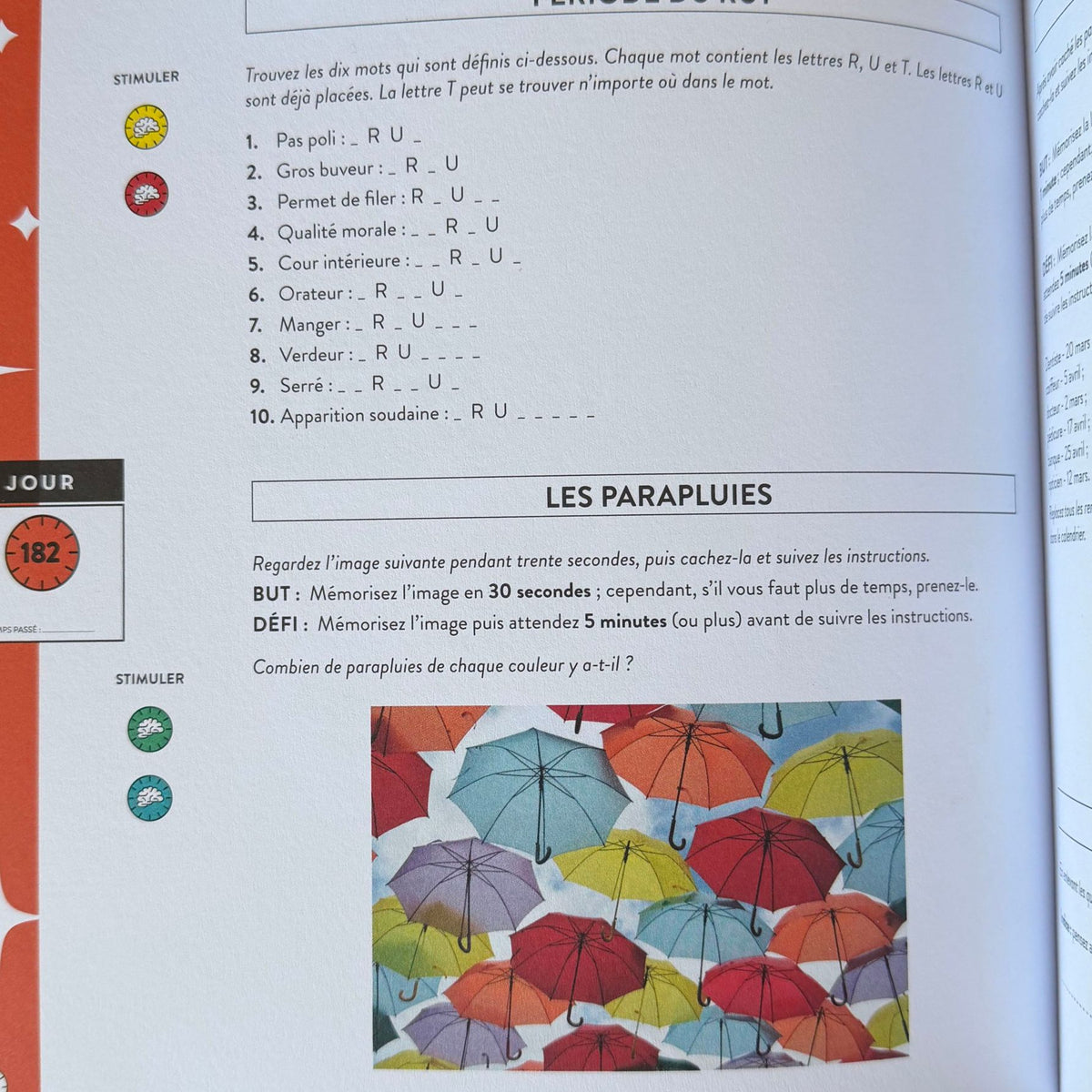 Page d’exercice de mémoire illustrée d’un amas de parapluies colorés