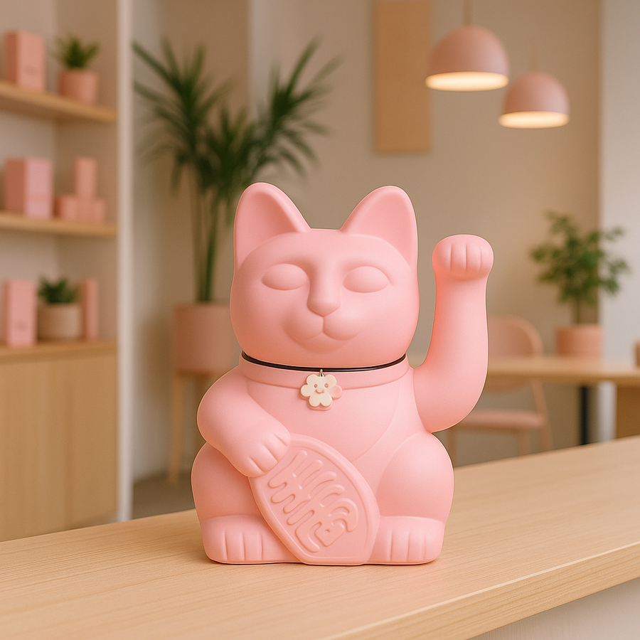 Lucky Cat en rose avec un sourire accueillant et des détails dorés.