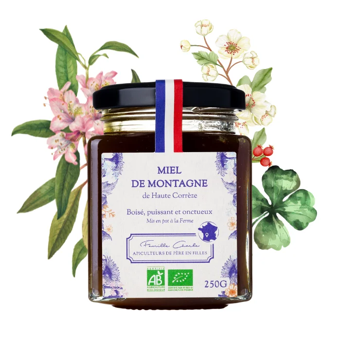 Pot de miel de montagne avec étiquette colorée et texture dorée