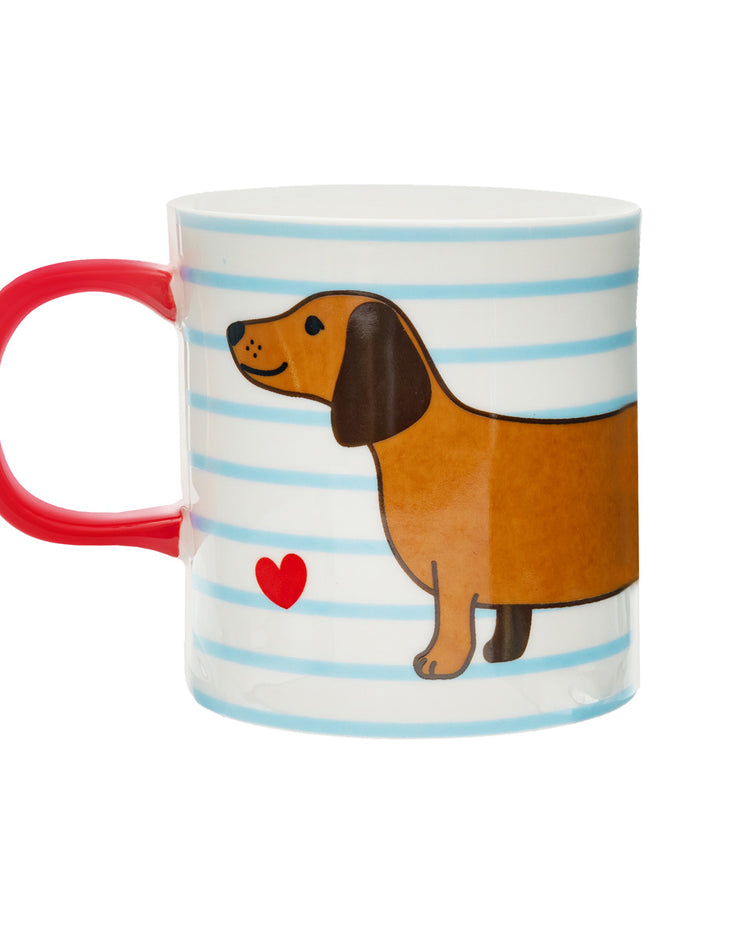 Mug avec un teckel mignon, motif rayé et regard perçant.