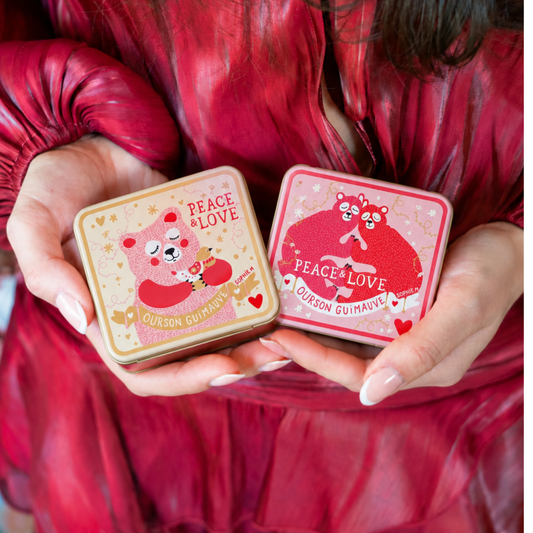 Coffret en métal avec oursons guimauve enrobés de chocolat
