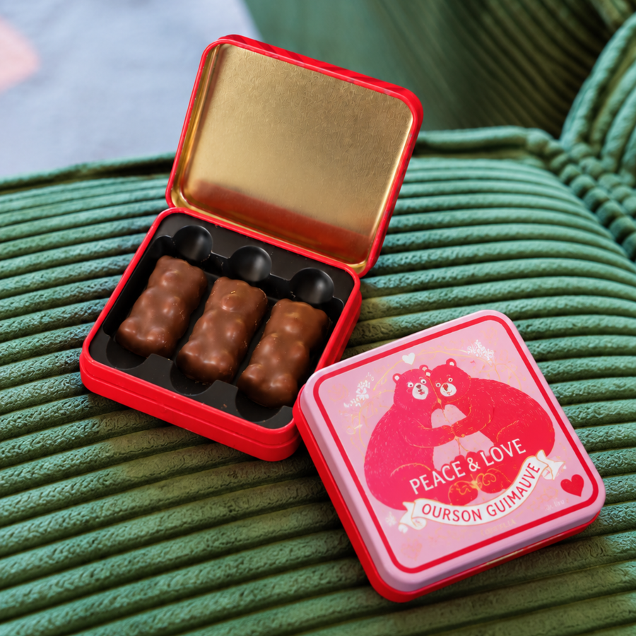 Coffret en métal avec oursons guimauve au chocolat au lait