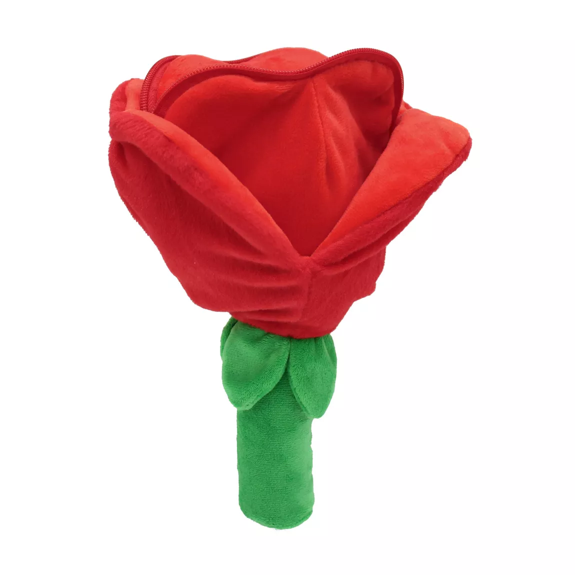 Peluche 2 en 1 cœur et fleur, vue de côté avec zip visible.