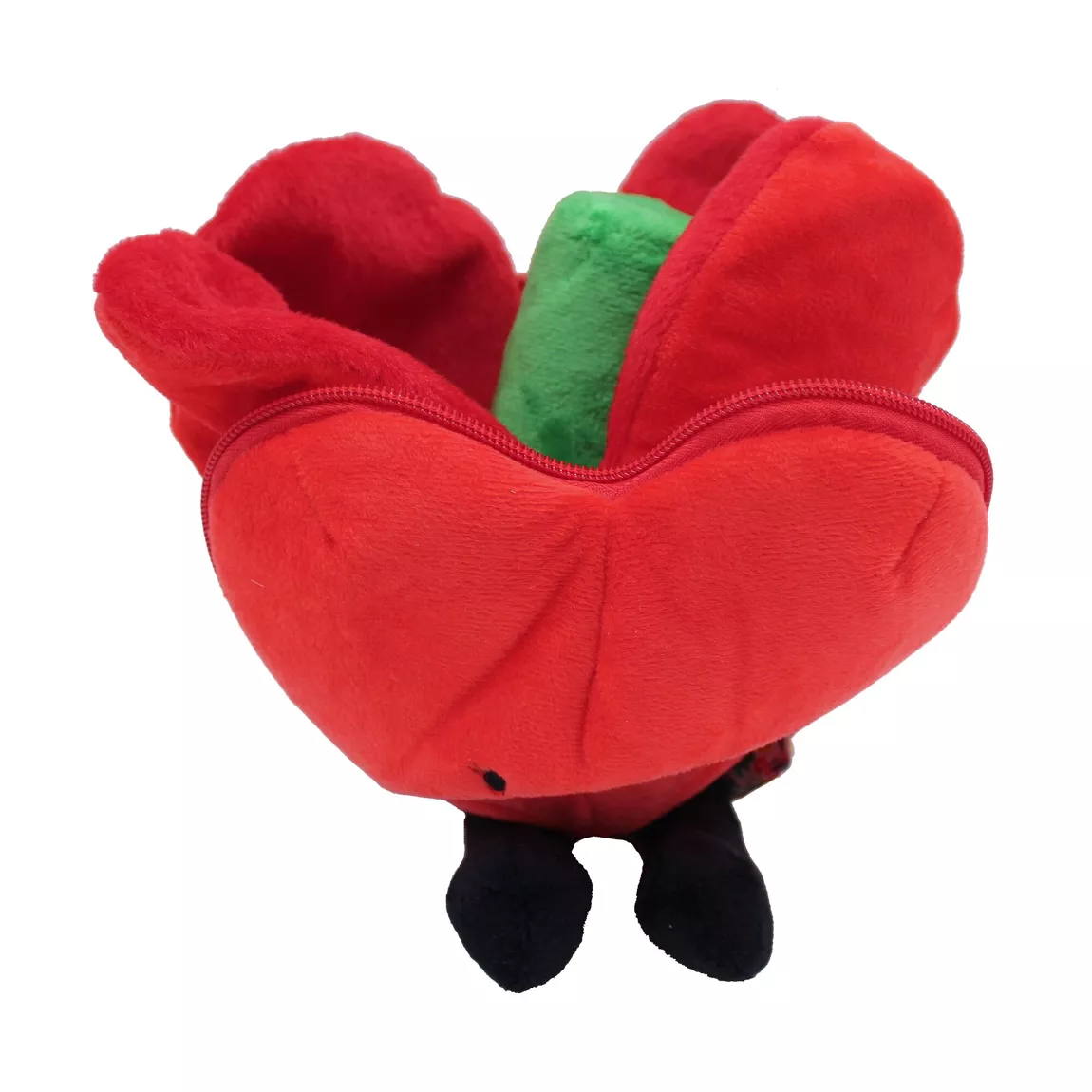 Peluche 2 en 1 avec zip, cœur rouge et rose déployée.