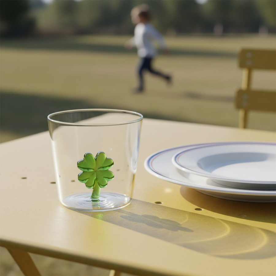 Verre avec motif trèfle sur fond blanc, angle légèrement incliné