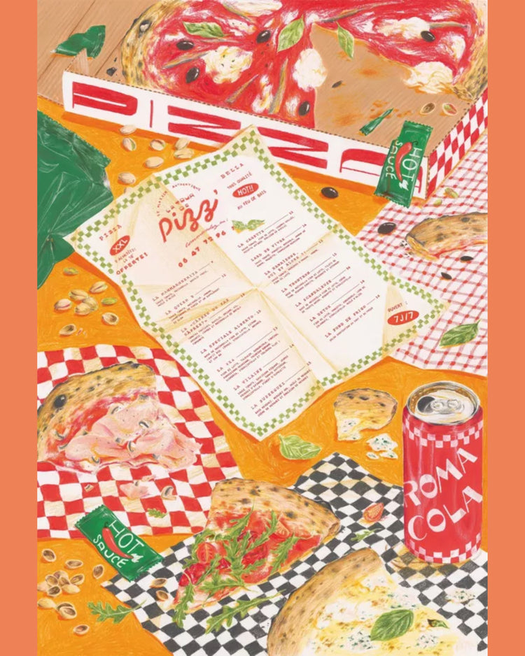 Puzzle en forme de pizza avec des détails de garniture colorés.