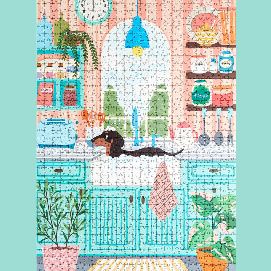 Puzzle représentant un teckel dans un bain moussant coloré.