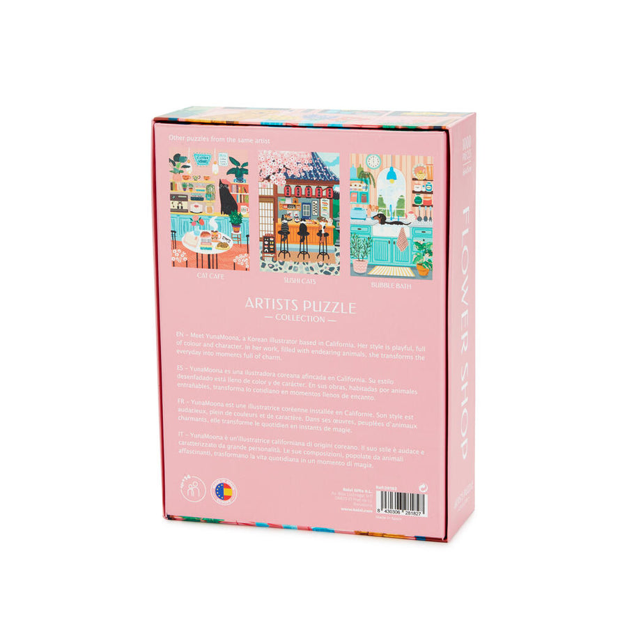 Puzzle représentant un fleuriste avec volets bleus et auvent rayé.