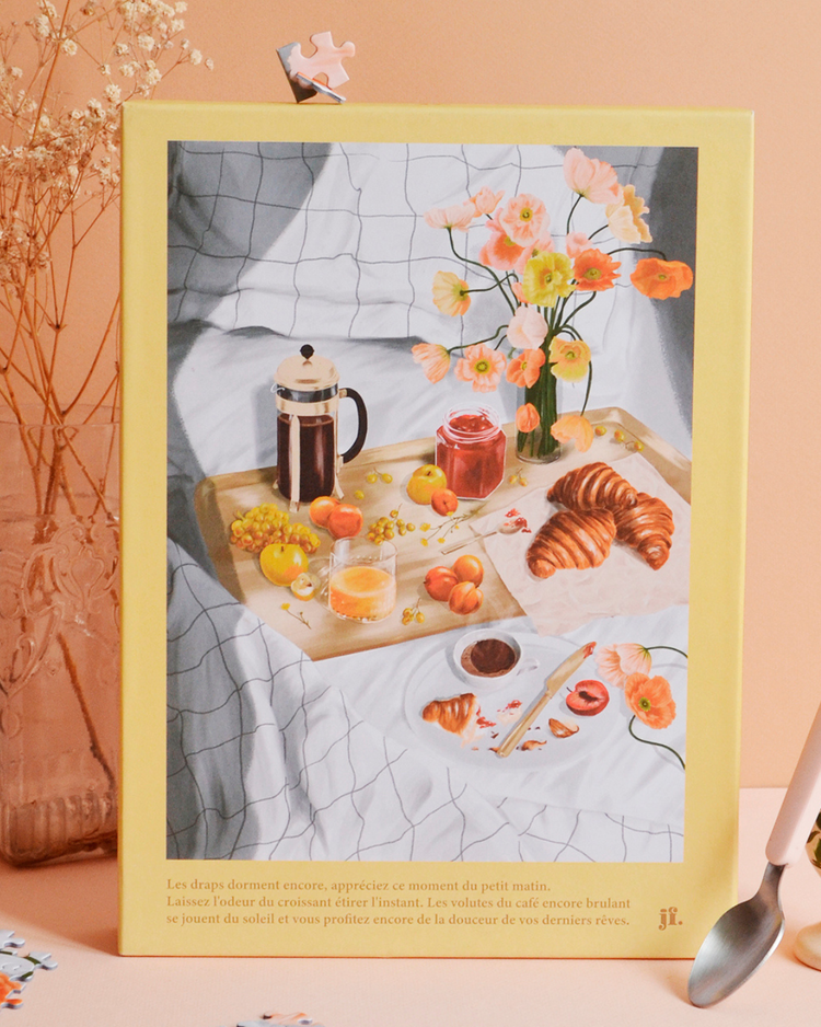 Puzzle L'orée du matin avec pièces colorées et détails de café