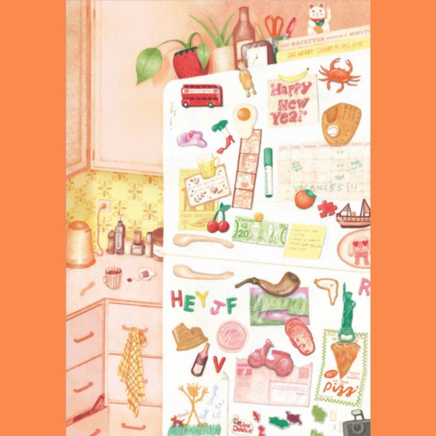 Puzzle représentant un frigo rétro avec des magnets colorés