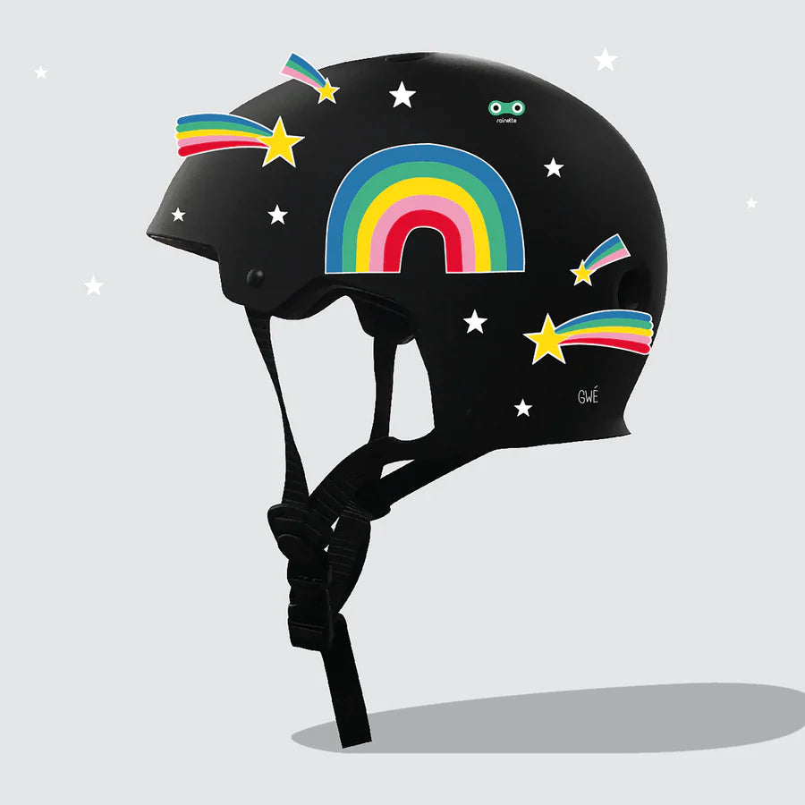 Stickers réfléchissants enfant en forme d'arc-en-ciel sur fond clair.