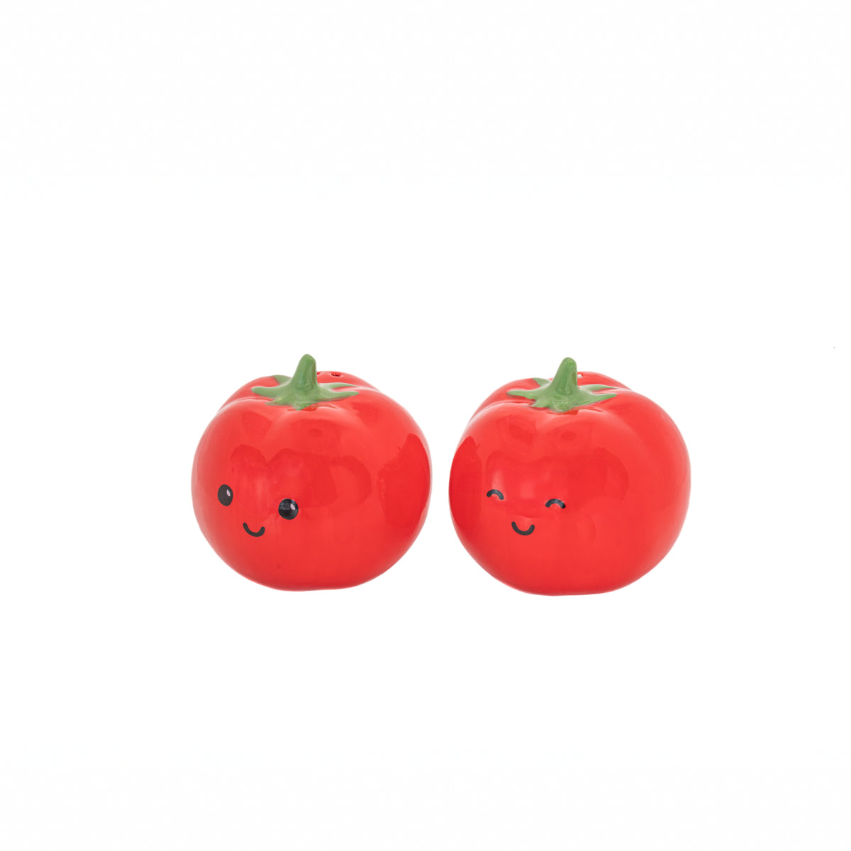 Salière et poivrière en forme de tomate, vue de côté.