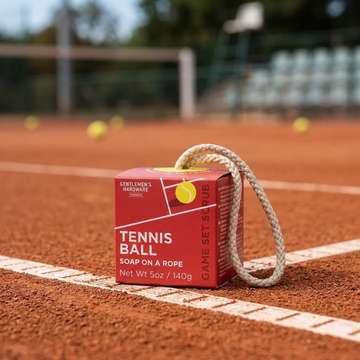 Savon en forme de balle de tennis avec corde, vue de côté