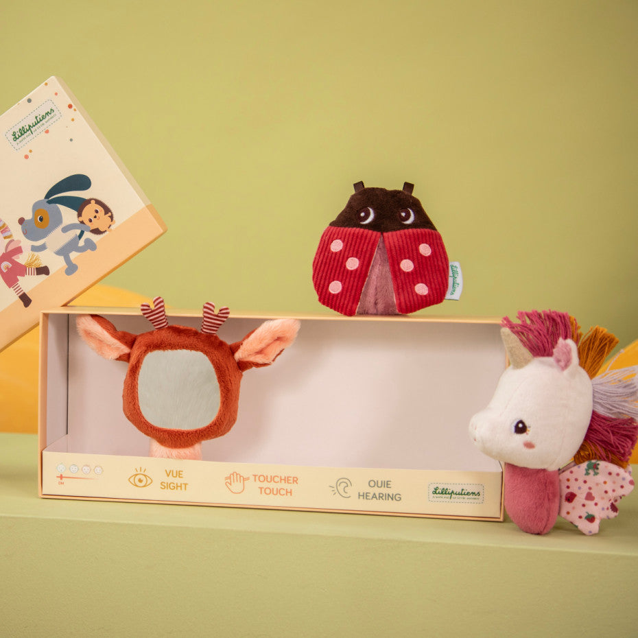 Coffret de hochets colorés avec textures variées pour bébé.