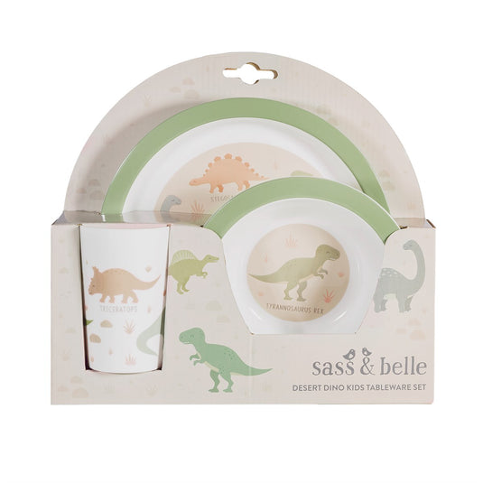 Set repas bébé avec motifs de dinosaures colorés.