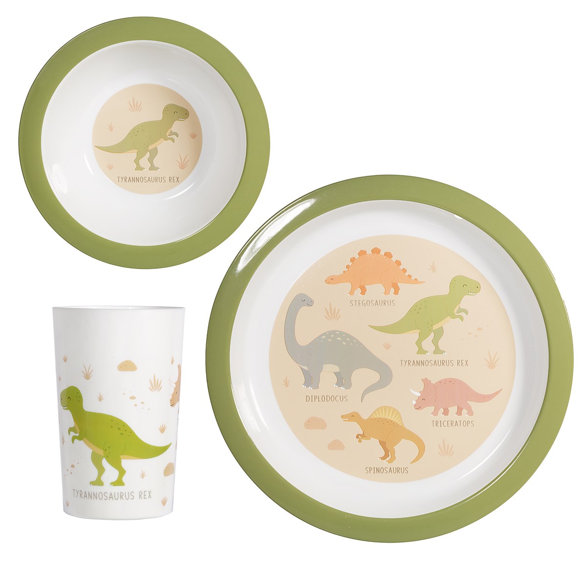 Set repas bébé avec motifs de dinosaures colorés.