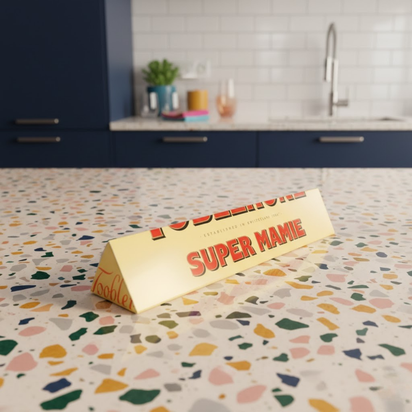 Toblerone avec inscription 'Super Mamie' sur fond blanc