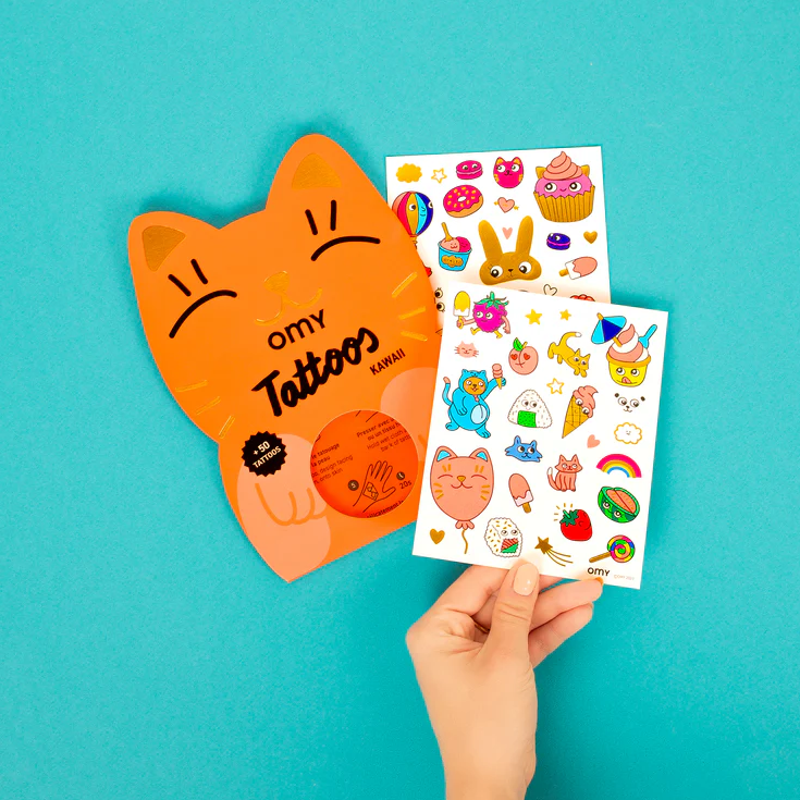 Tatouages temporaires Kawaii avec motifs de chats et donuts