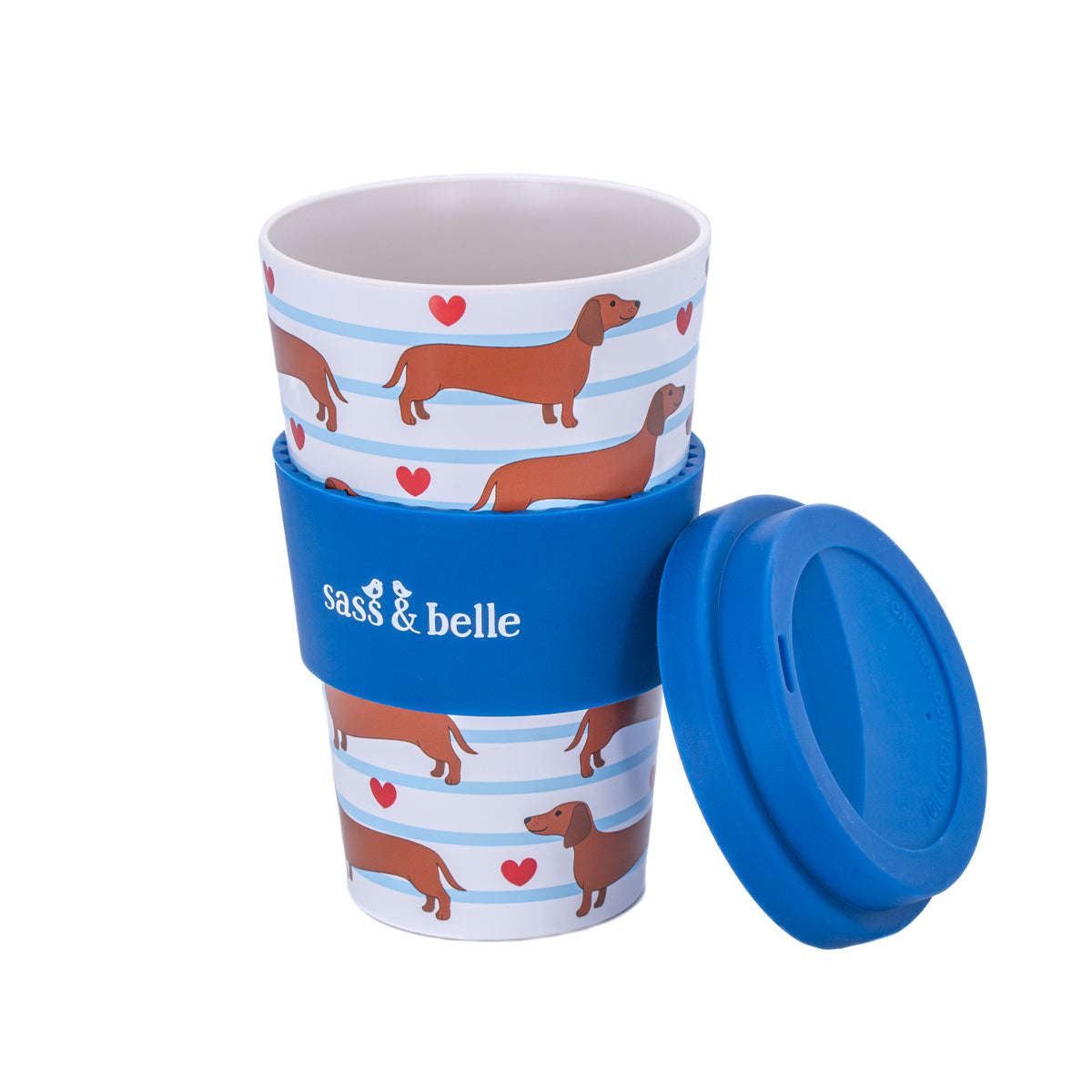 Gobelet de voyage avec motif Teckel sur fond clair.