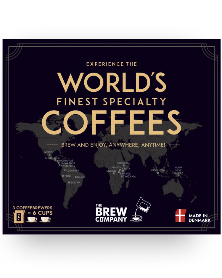 Coffret de café avec sachets colorés et étiquettes distinctives.