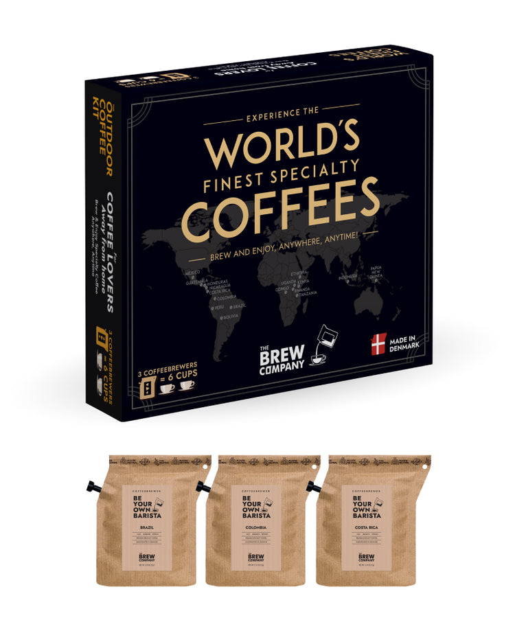 Coffret de café avec sachets colorés et étiquettes distinctives.