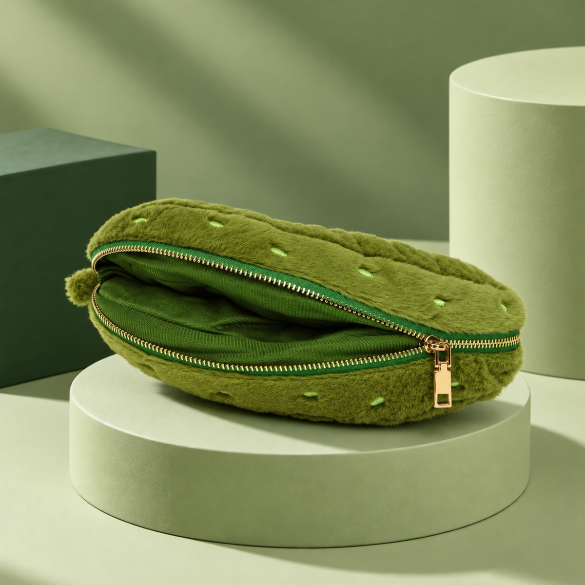 Trousse en forme de cornichon avec fermeture éclair visible