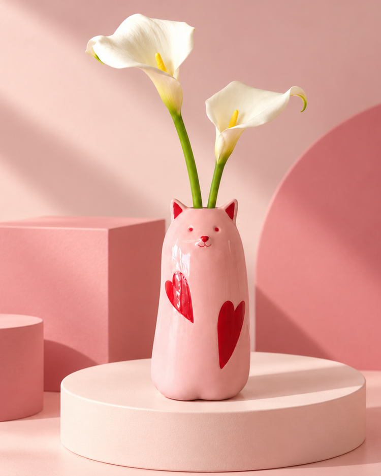 Vase chat avec motif 'Love Cat' sur fond blanc