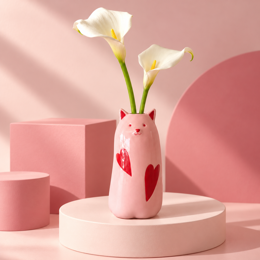 Vase chat avec motif 'Love Cat' sur fond blanc