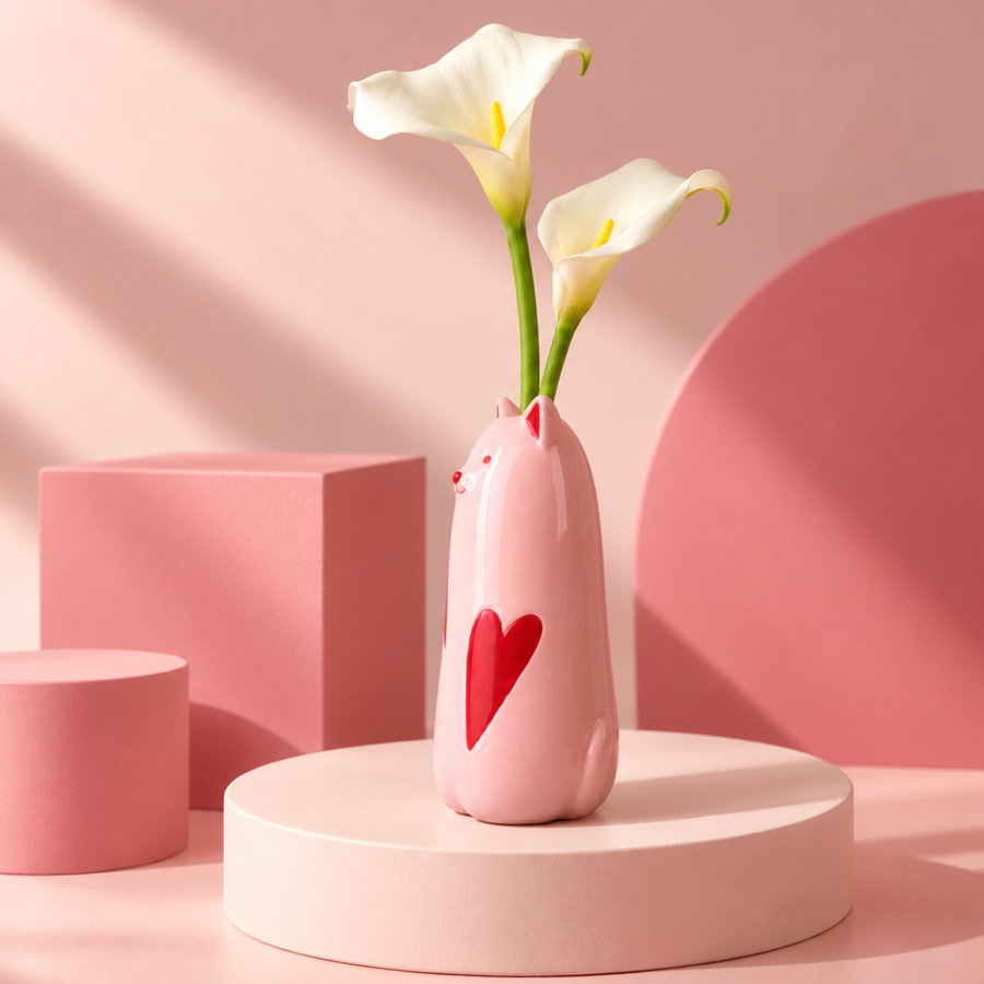 Vase décoratif avec motif 'Love Cat' sur fond clair