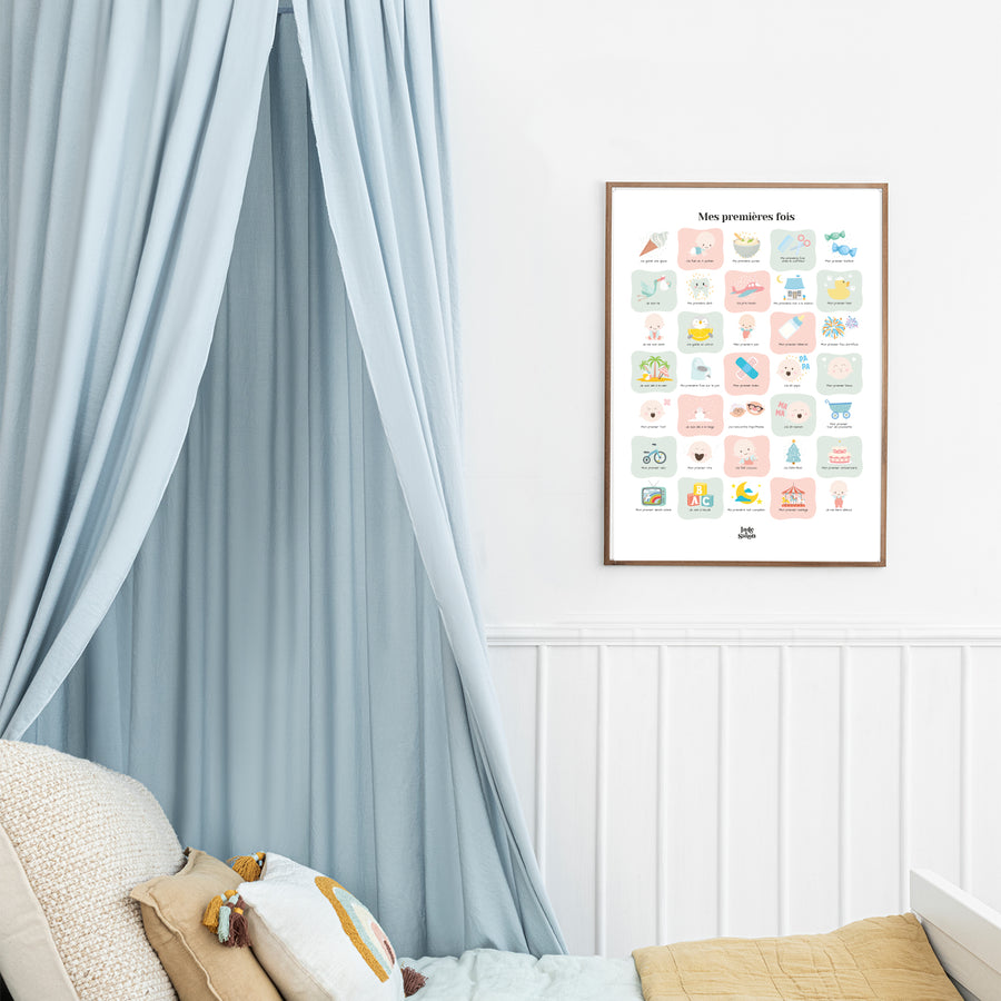 Affiche illustrant les premières fois de bébé, design ludique.