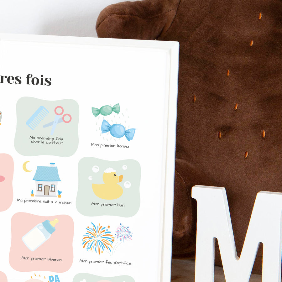 Affiche illustrant les premières fois de bébé, design coloré.