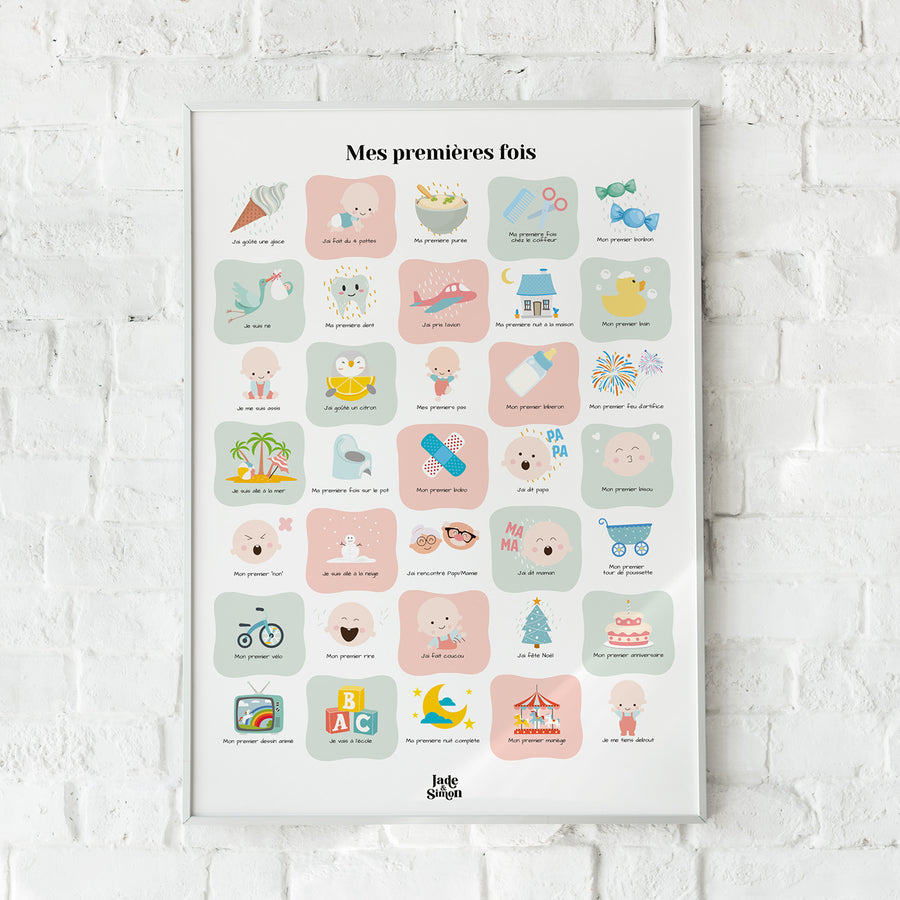 Affiche illustrée des premières fois de bébé, design ludique.