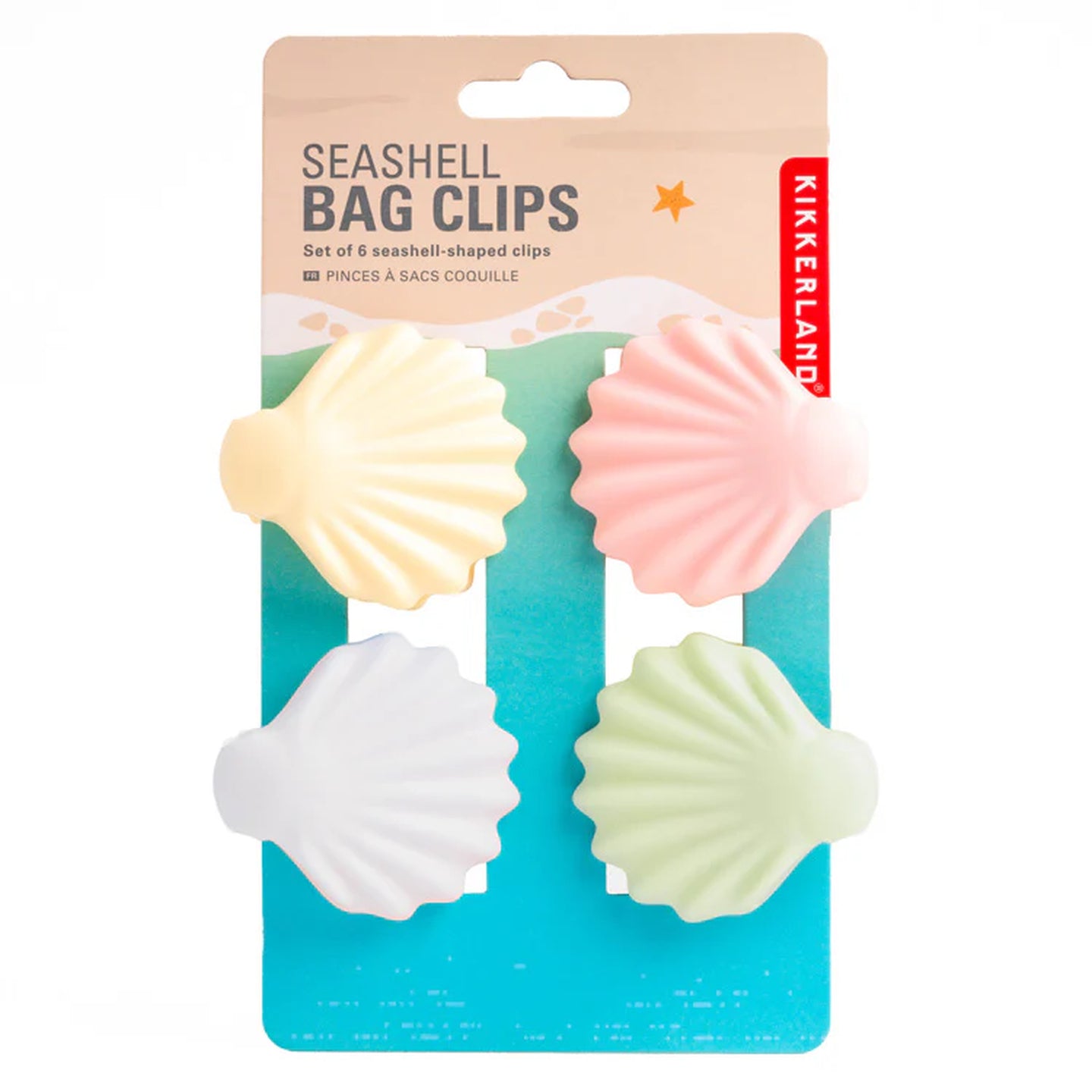 Pinces à sachets en forme de coquillage sur fond blanc