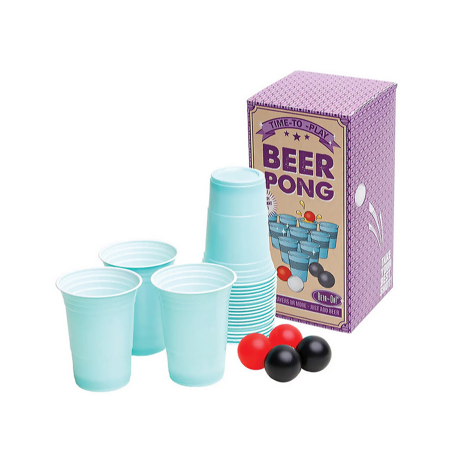 Jeu Beer Pong avec verres en plastique et balles blanches.