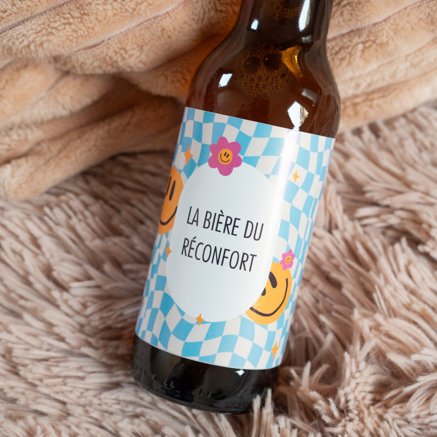 Bière Réconfort avec étiquette colorée et design pétillant