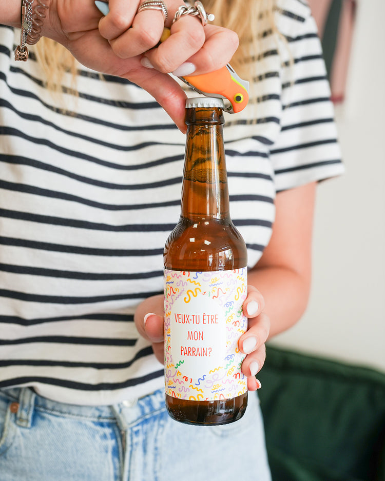 Bière personnalisée avec motif coloré et message unique