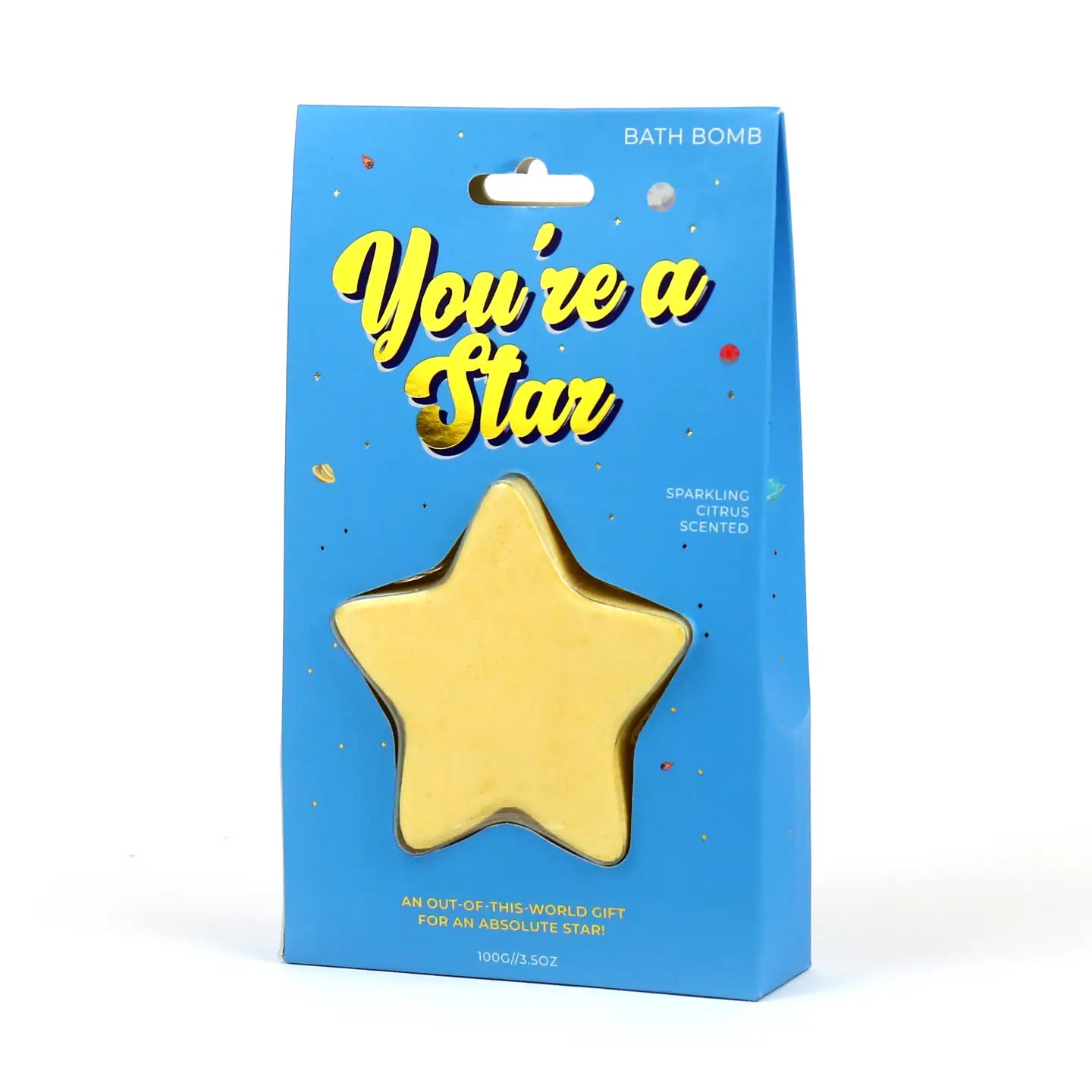 Bombe de bain dorée avec éclats brillants sur fond clair