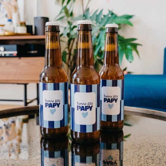 Bière 'Bonne fête papy' avec étiquette festive et design coloré