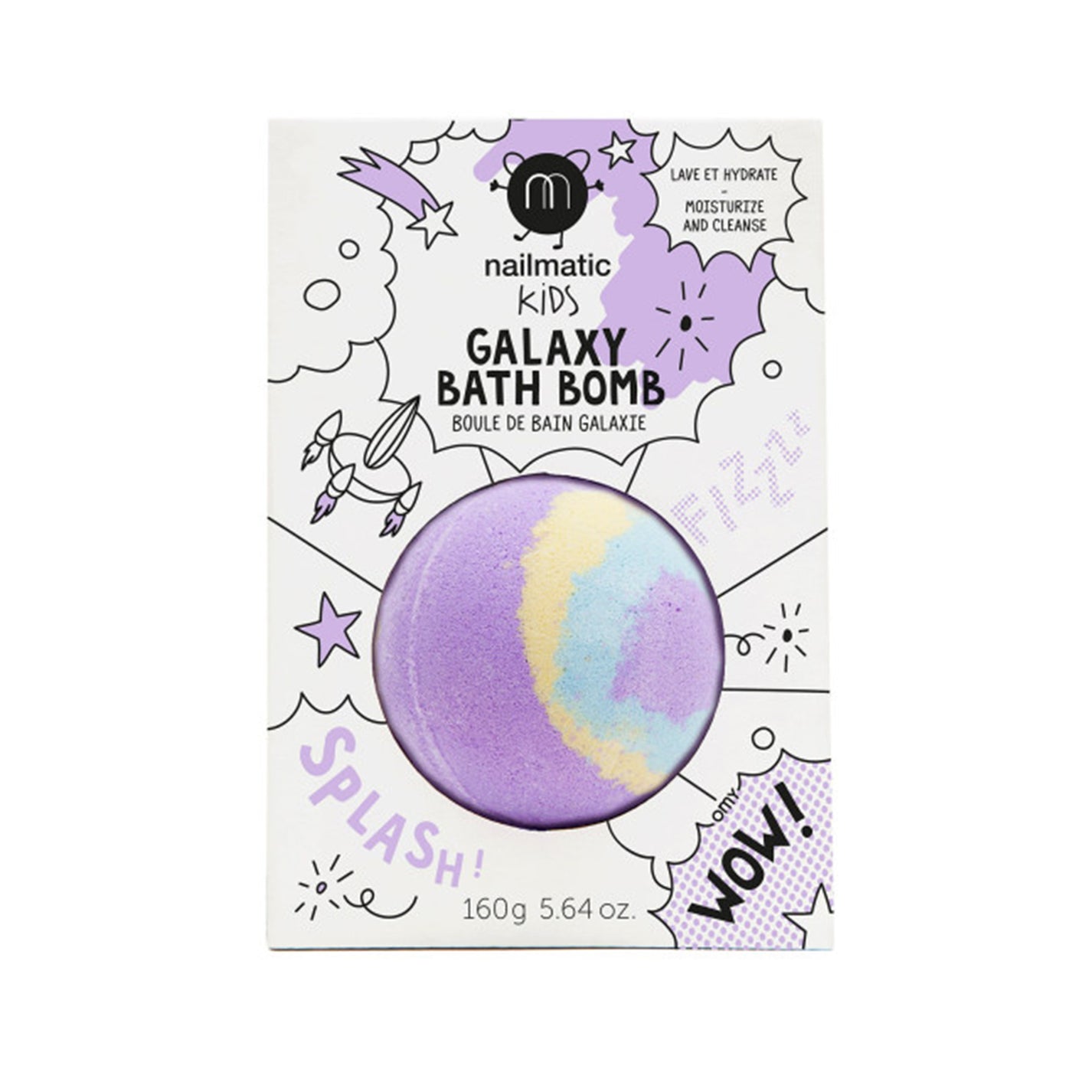 Bombe de bain Galaxy avec des étoiles et des couleurs vives.
