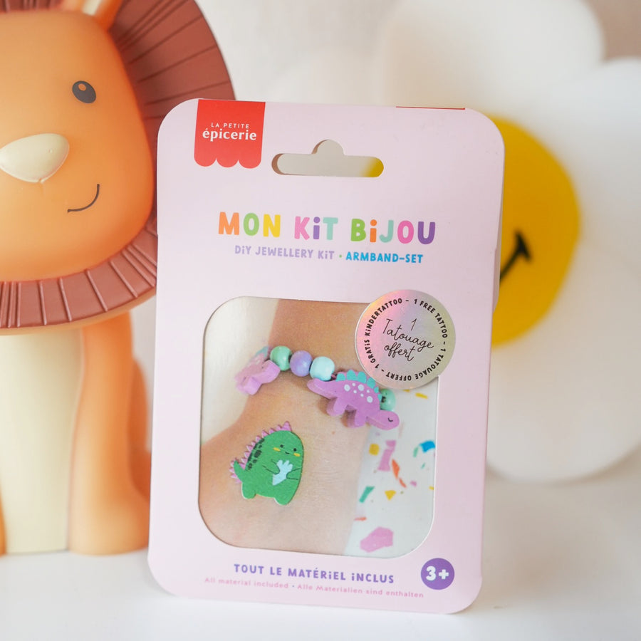 Bracelet en perles en bois avec motifs de dinosaures colorés