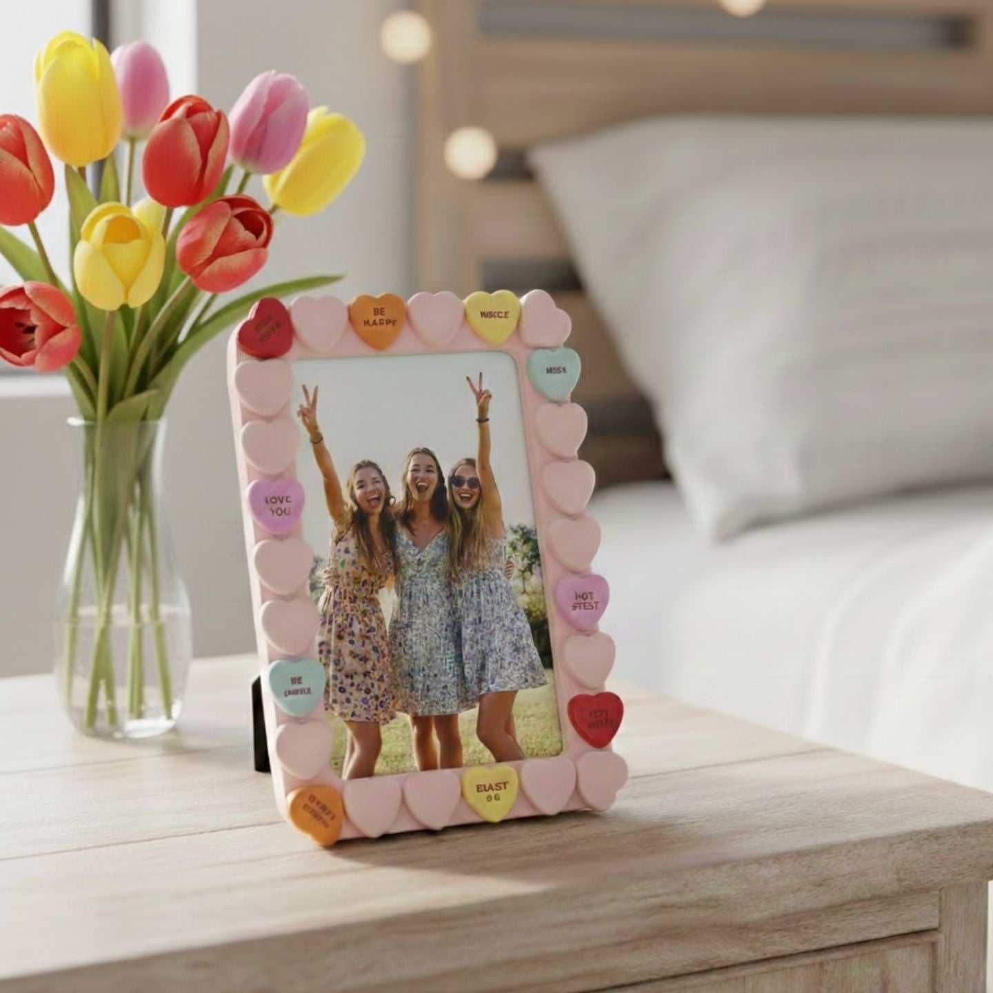 Cadre photo XOXO avec motifs de cœurs colorés et messages doux