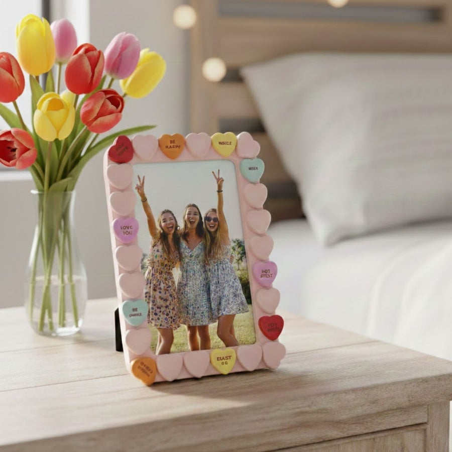 Cadre photo XOXO avec motifs de cœurs colorés et messages doux