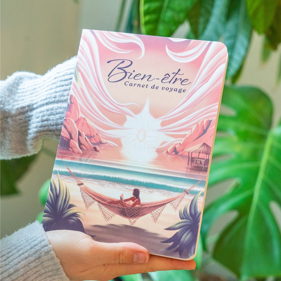 Carnet Bien Être avec motif de hamac et coucher de soleil