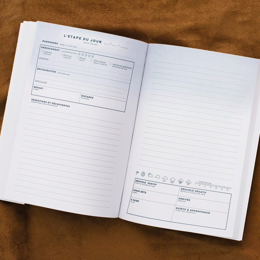 Intérieur du carnet de randonnée avec pages à remplir