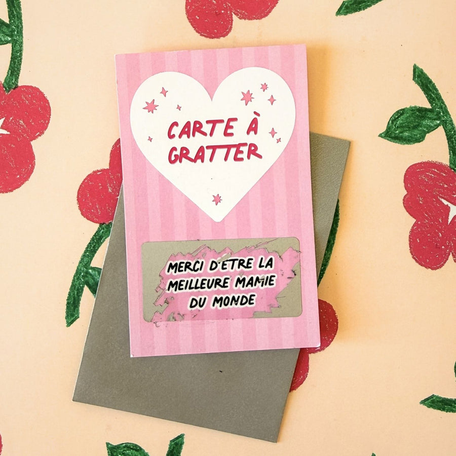 Carte à gratter avec message pour mamie, design coloré et joyeux