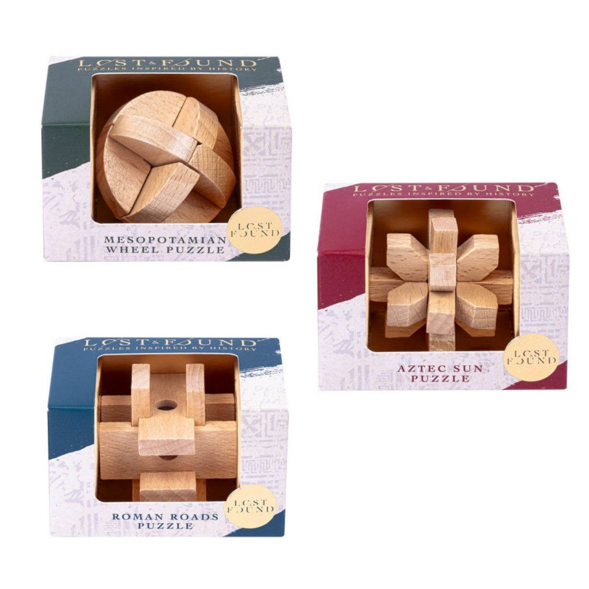 Casse-tête en bois clair représentant des civilisations anciennes