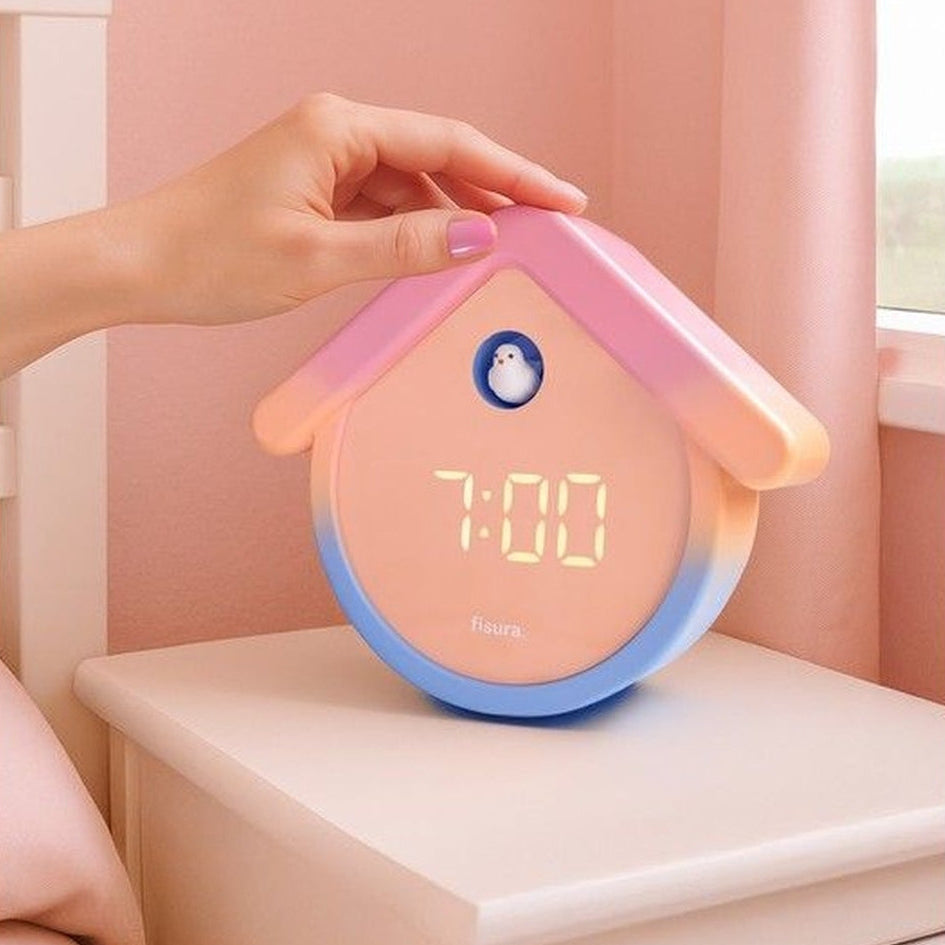 Réveil oiseau avec un design ludique et des détails colorés
