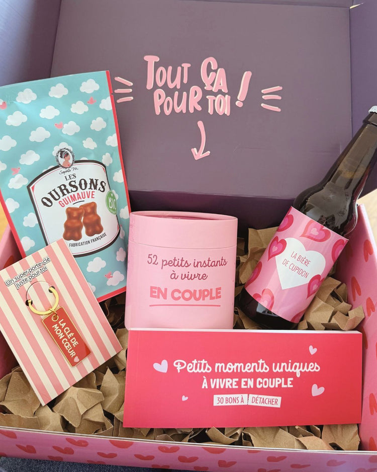 Coffret Amour avec ourson en chocolat et chèque amoureux