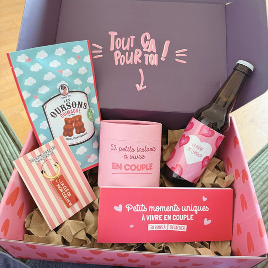 Coffret Amour avec ourson en chocolat et chèque amoureux